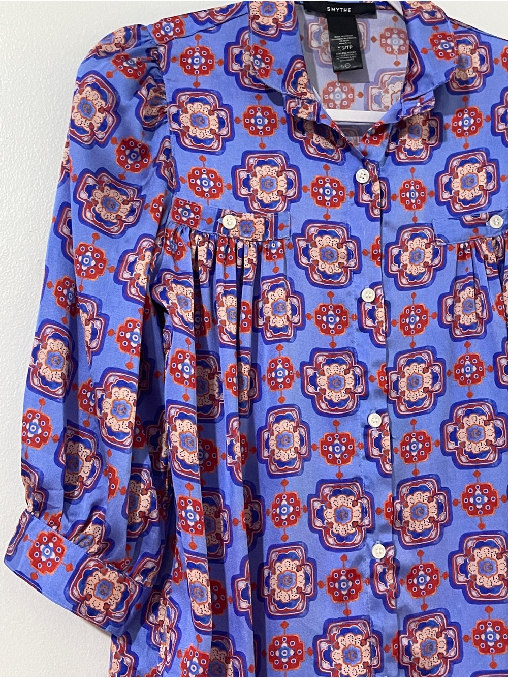 SMYTHE XS Iris Medallion Shirred Pocket Blouse Blue Tile Top - Picture 3 of 10